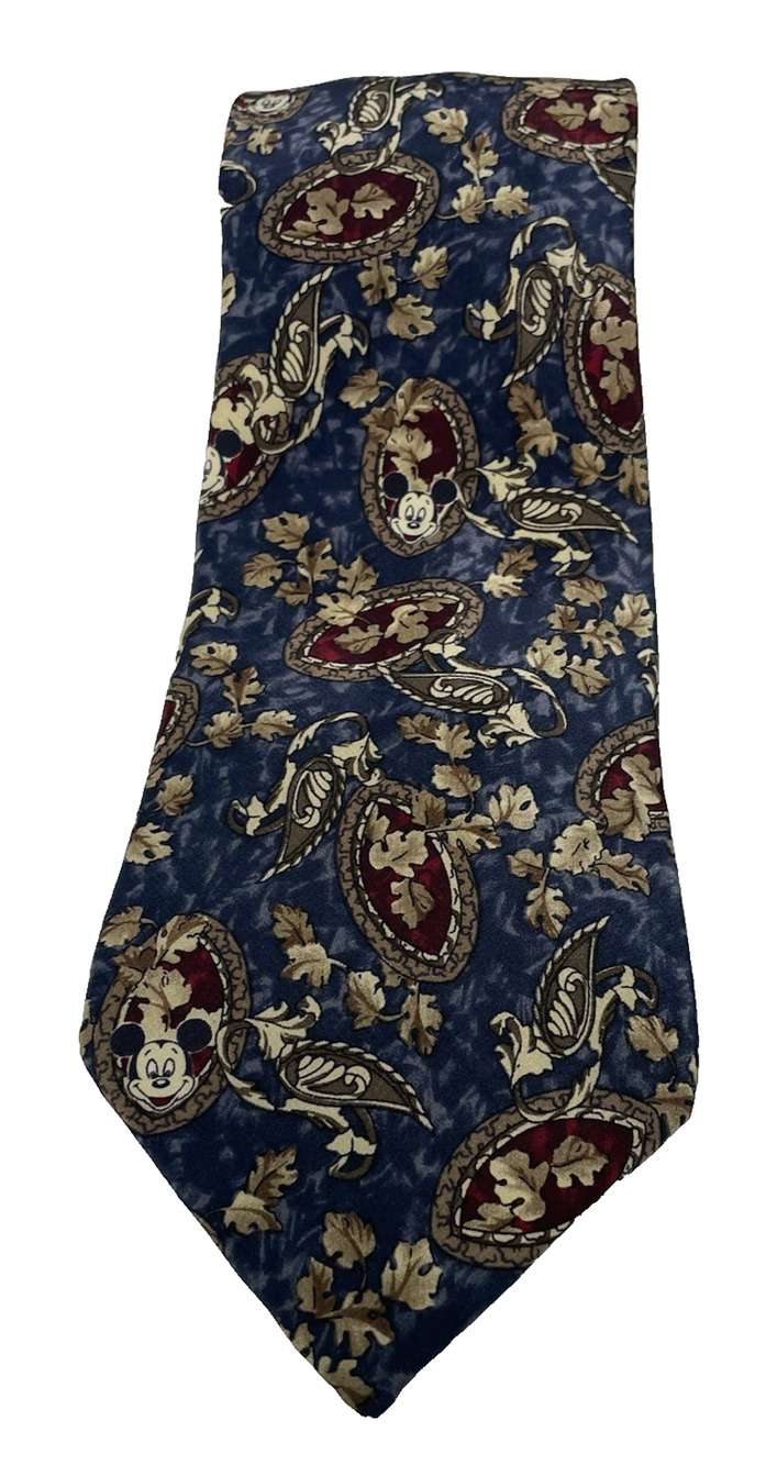 Vintage Mickey Mouse Disney 100% Silk Necktie Blue Paisley Leaves Extra Long 61"
